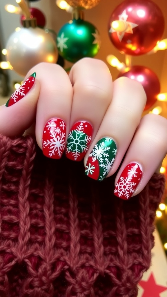 Festive Christmas UV Gel Nail Art Christmas-themed UV gel nails with red, green, and white designs, featuring snowflakes and holiday decorations.